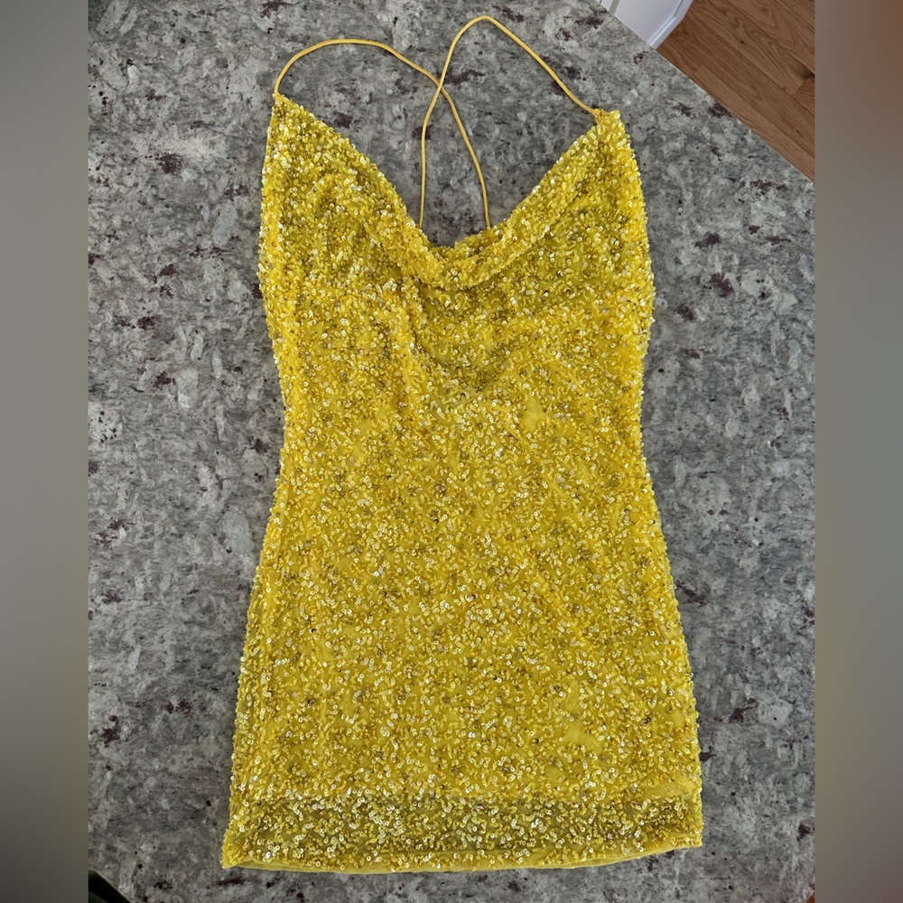 Retrofete Yellow Sequin Halter Dress XS